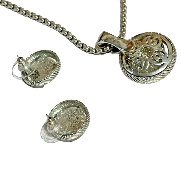 Fashion Jewelry Set Silver & Gold Necklace Pendant Pierced Earrings Purple Stone - Picture 6 of 9